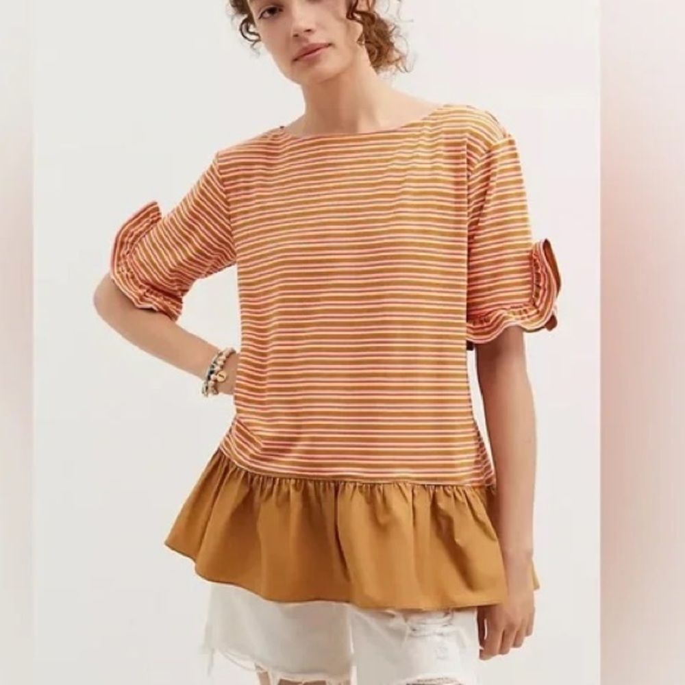 Anthropologie Maeve Ruffled Peplum Top in Neutral Motif Orange Brown Striped XL